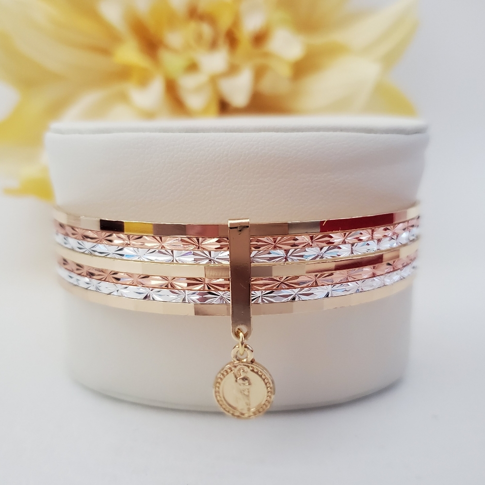 St Jude Tri Color 7 Band Bangle Gold Plated Bracelet